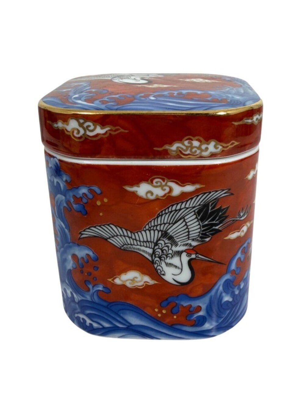 Takahashi Japanese Porcelain Tea Jar Trinket Box Red Blue Bird Waves